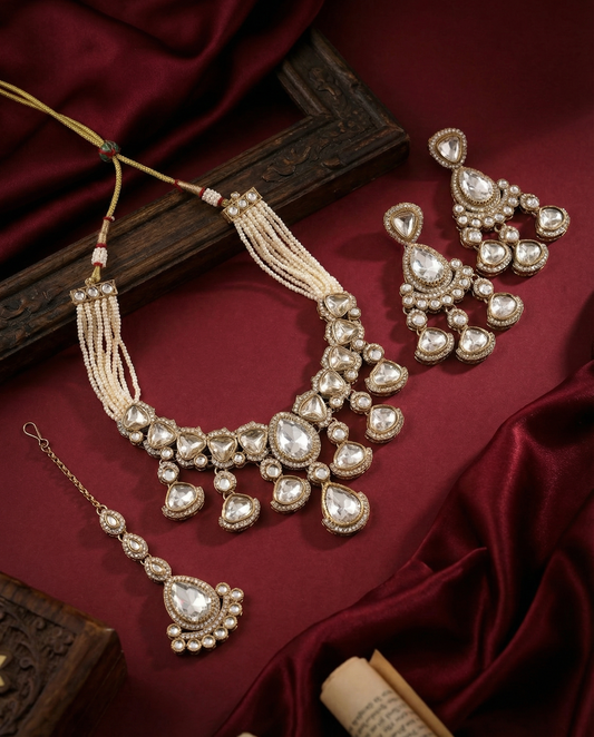Vrighna Premium Polki Dupe Necklace with Earring and Teeka