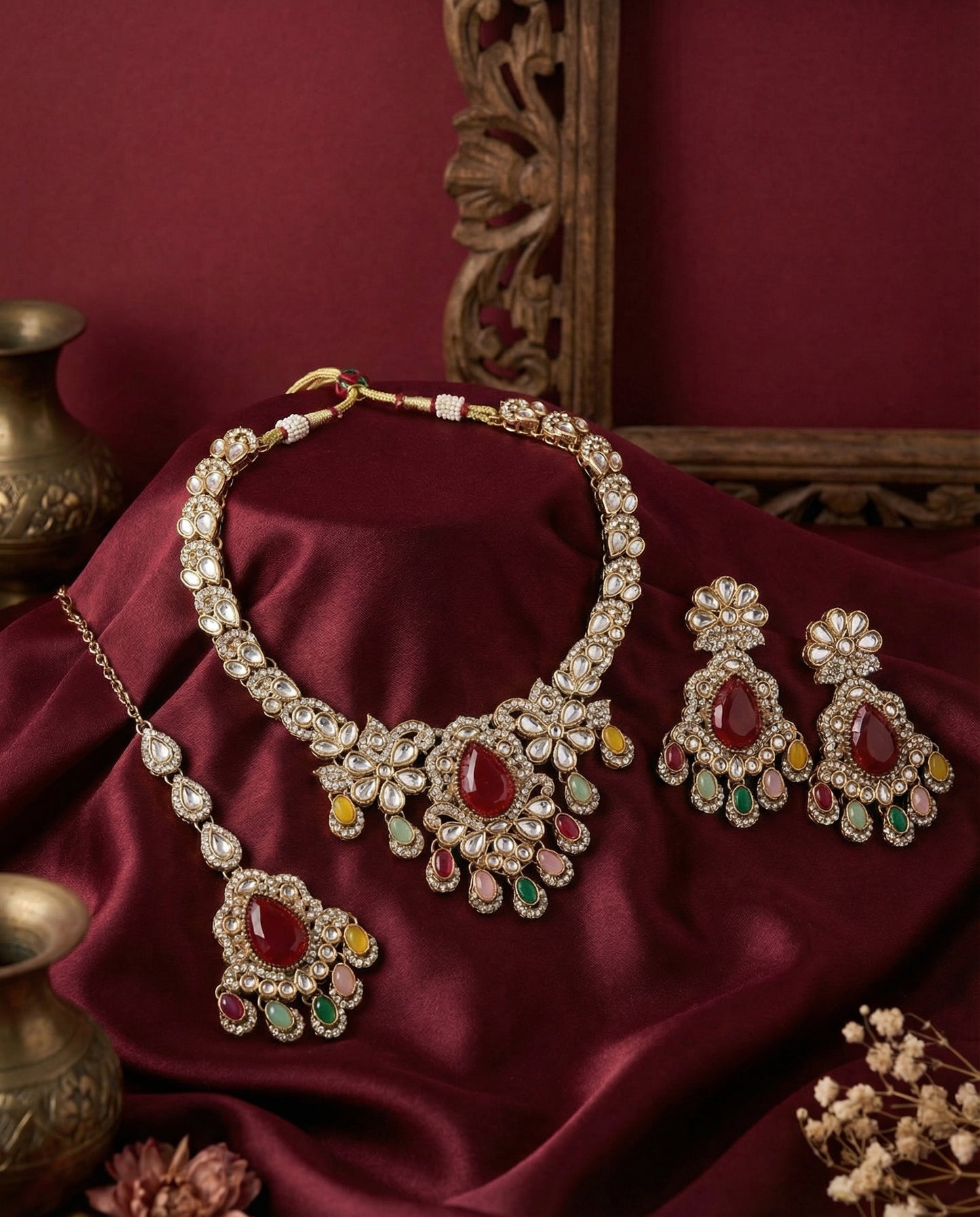 Multi Prakriti Premium Kundan Zircon Necklace Set With Earring and Teeka