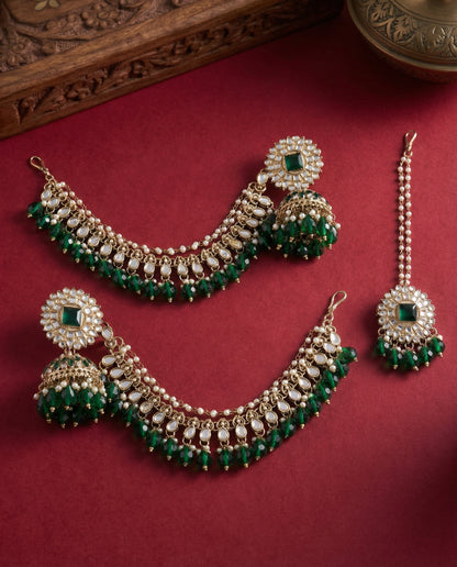 Green Avreet Mirror Bahubali Jhumka with Statement Kaan Chain and Teeka