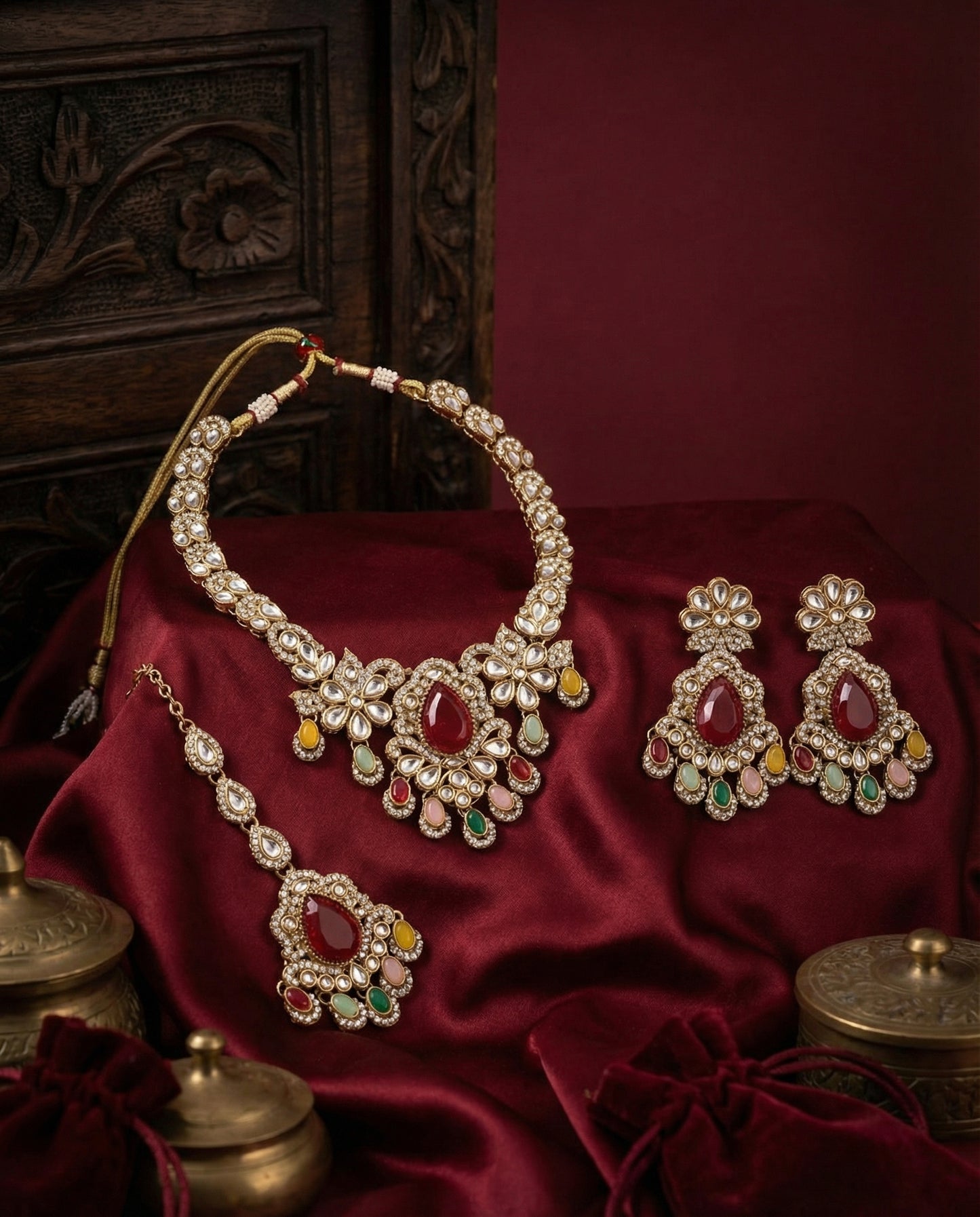 Multi Prakriti Premium Kundan Zircon Necklace Set With Earring and Teeka