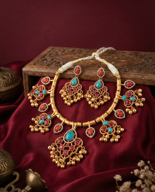 Classic Tayaba Collar Necklace Set With Earring - Ghungroo