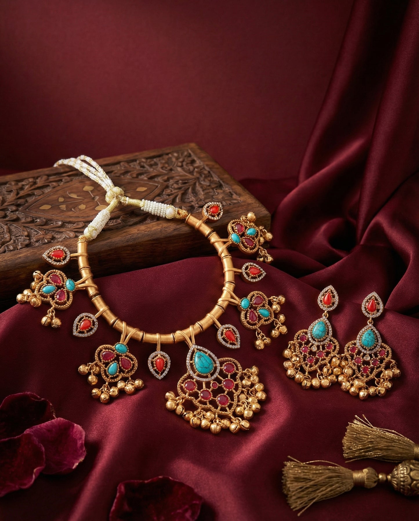 Classic Tayaba Collar Necklace Set With Earring - Ghungroo