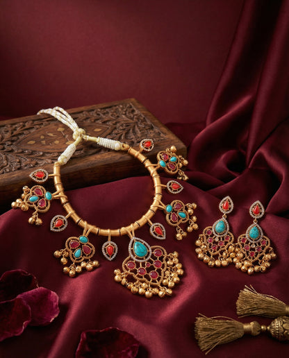 Classic Tayaba Collar Necklace Set With Earring - Ghungroo