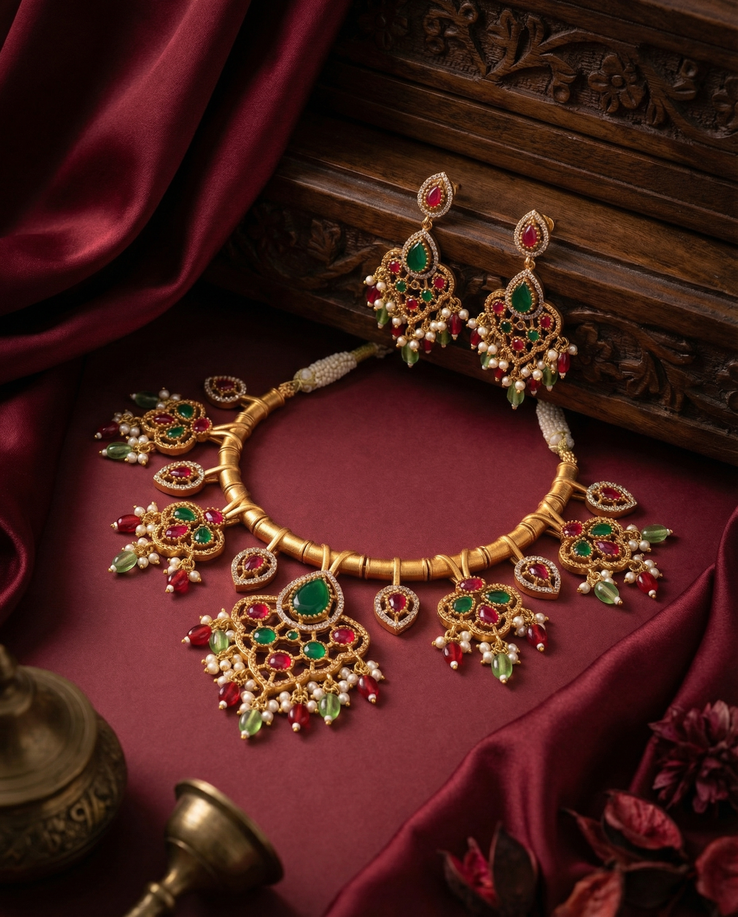 Ruby Green Tayaba Collar Necklace Set With Earring