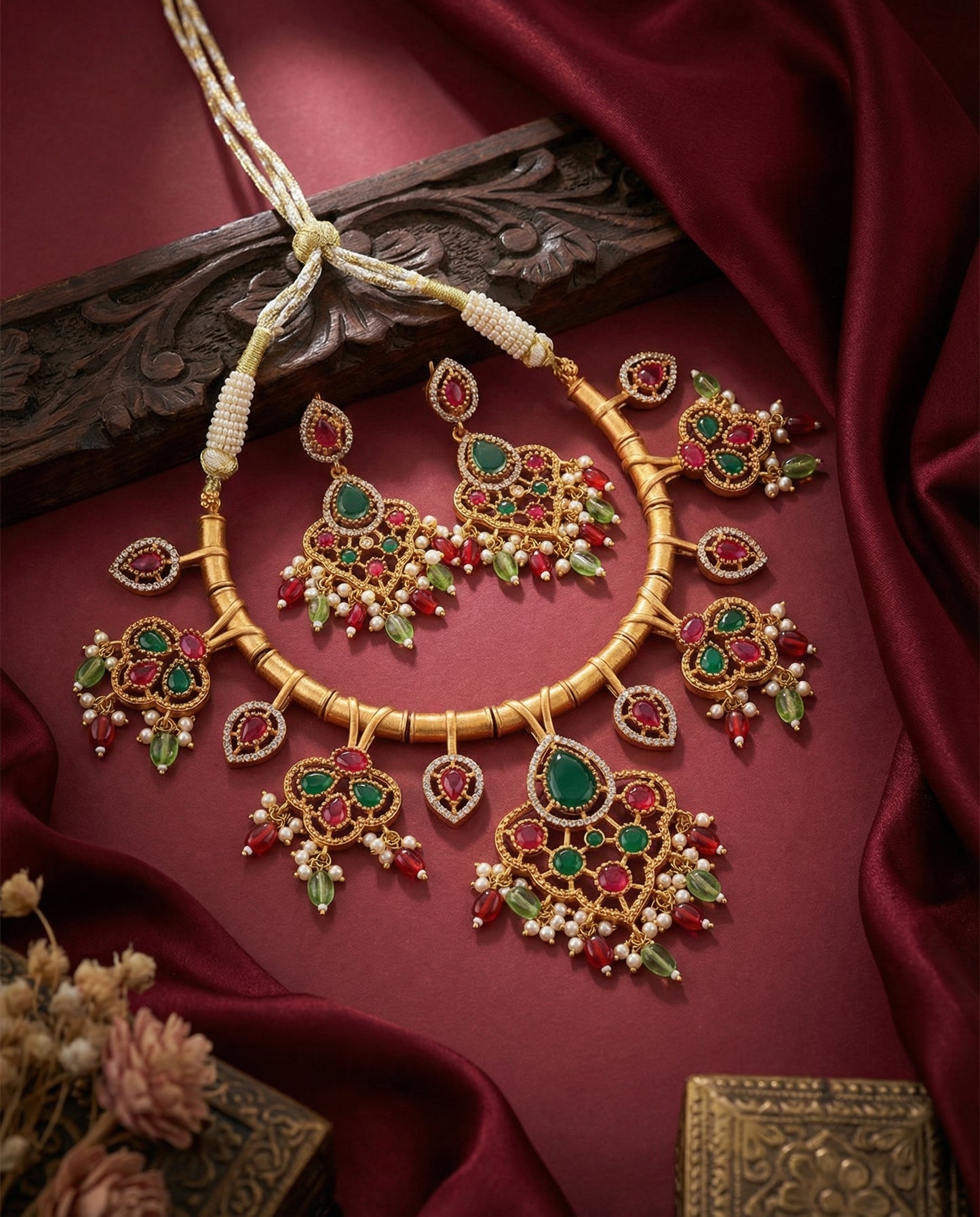 Ruby Green Tayaba Collar Necklace Set With Earring