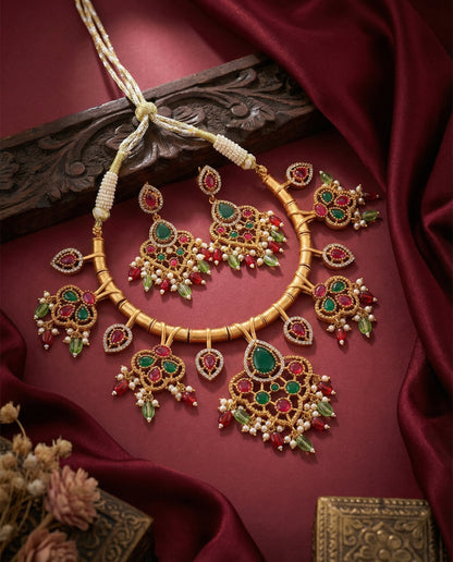 Ruby Green Tayaba Collar Necklace Set With Earring