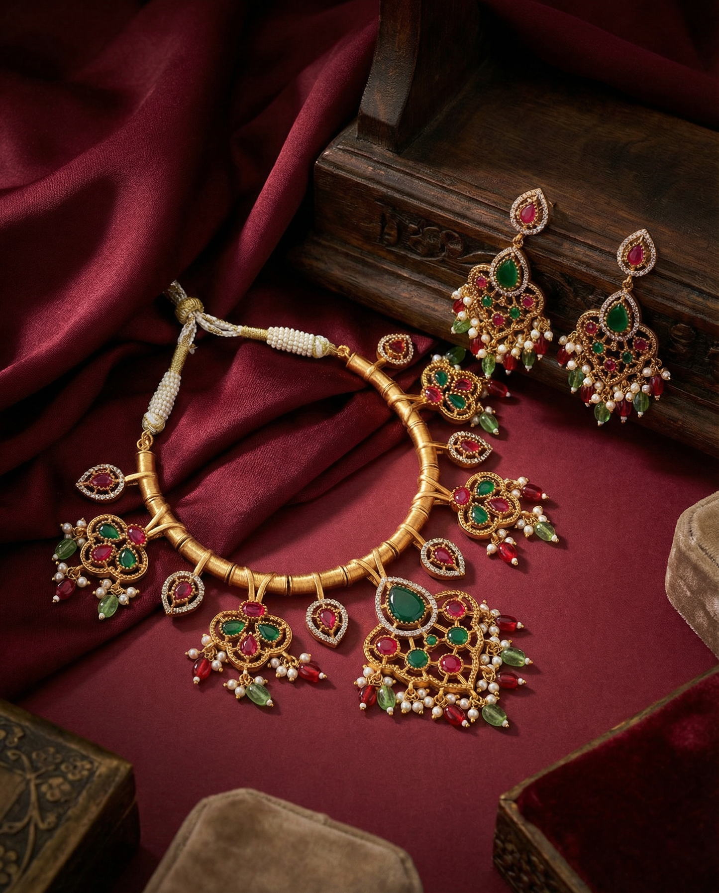 Ruby Green Tayaba Collar Necklace Set With Earring