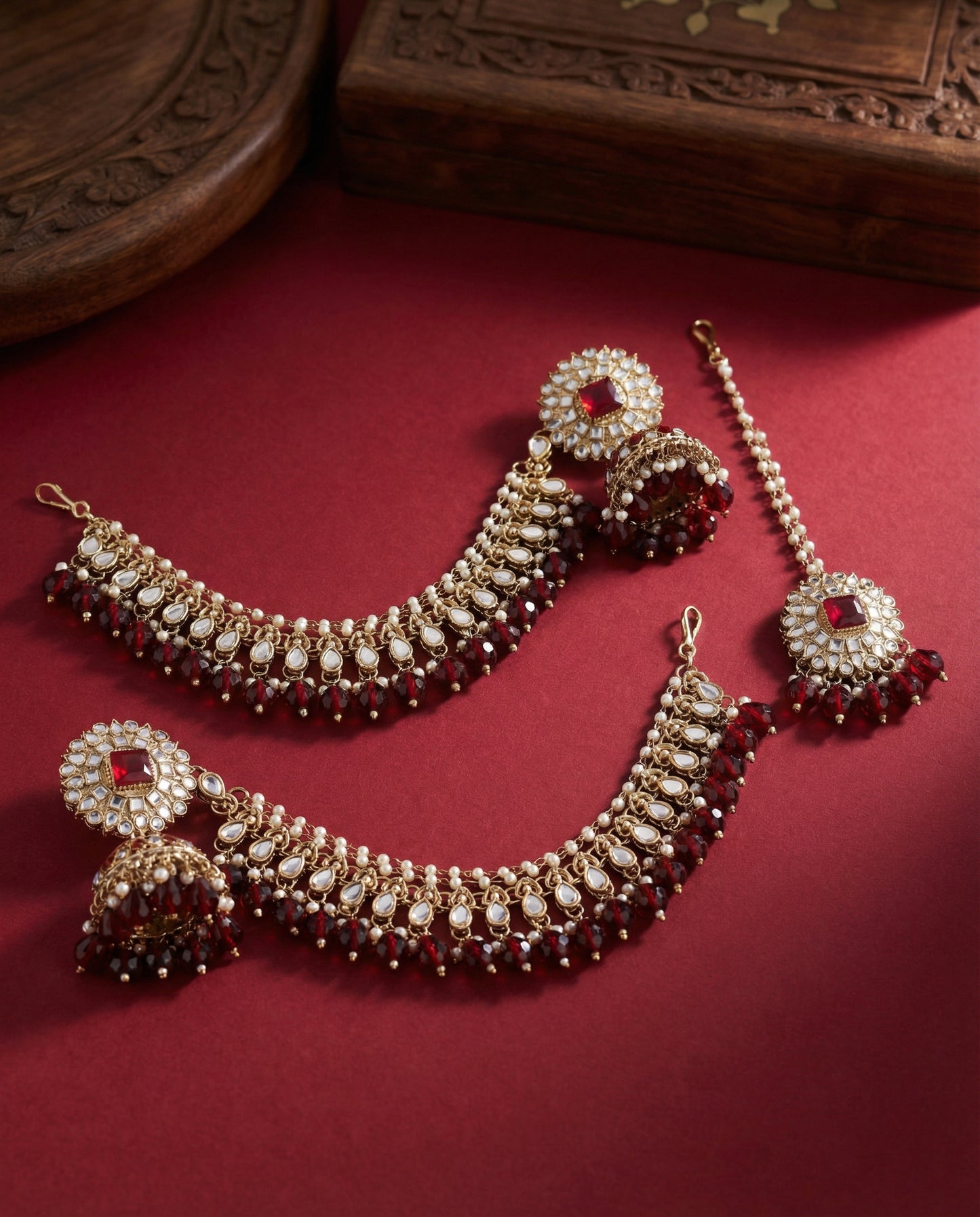 Maroon Avreet Mirror Bahubali Jhumka with Statement Kaan Chain and Teeka