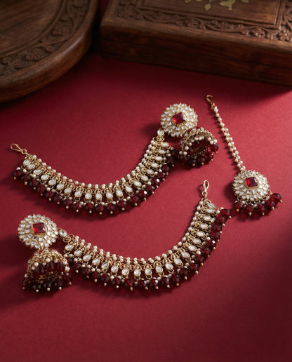Maroon Avreet Mirror Bahubali Jhumka with Statement Kaan Chain and Teeka