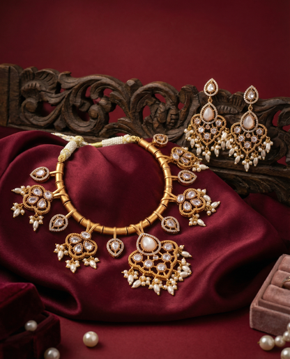 Silver White Tayaba Collar Necklace Set With Earring