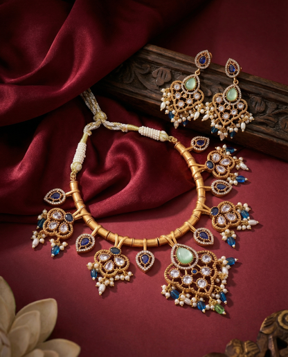 Blue Mint Green Tayaba Collar Necklace Set With Earring