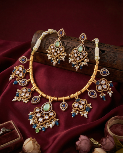 Blue Mint Green Tayaba Collar Necklace Set With Earring