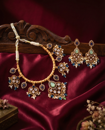 Blue Mint Green Tayaba Collar Necklace Set With Earring