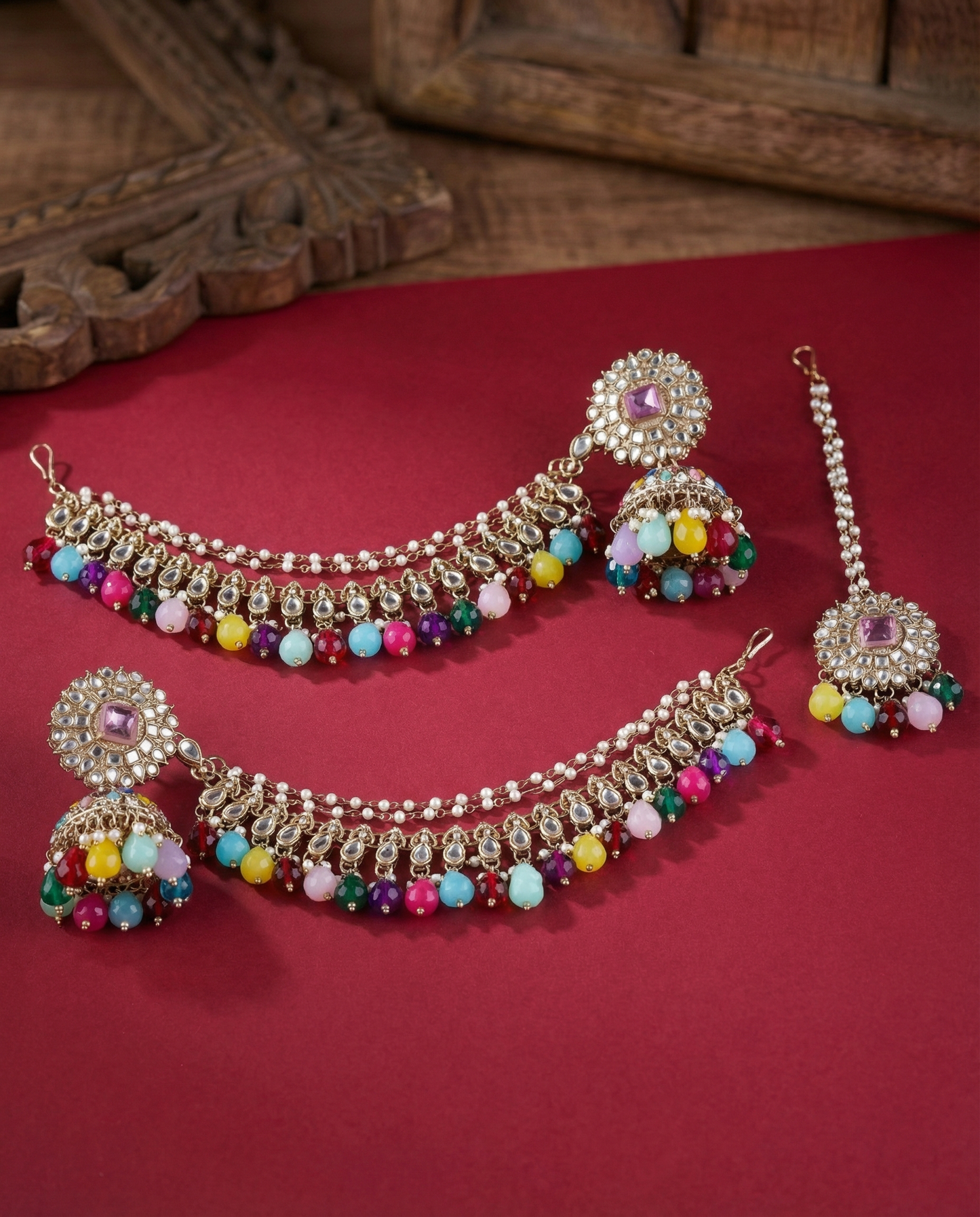 Multi Avreet Mirror Bahubali Jhumka with Statement Kaan Chain and Teeka