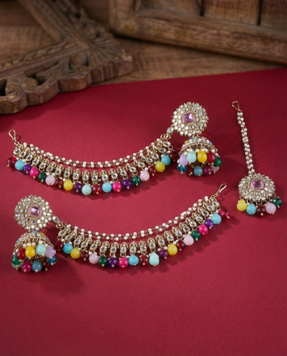 Multi Avreet Mirror Bahubali Jhumka with Statement Kaan Chain and Teeka