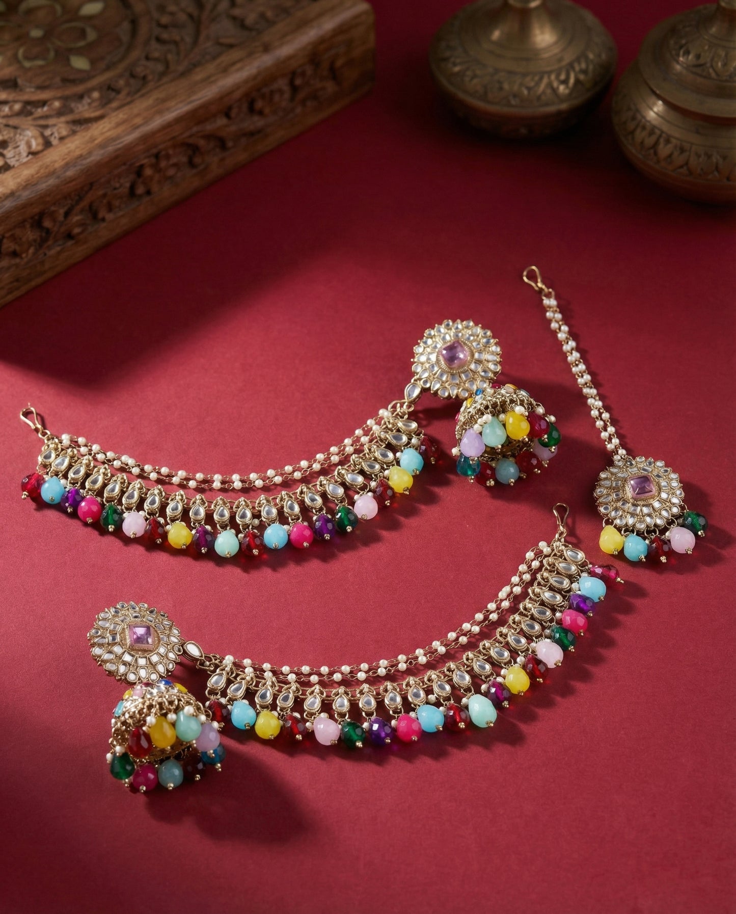 Multi Avreet Mirror Bahubali Jhumka with Statement Kaan Chain and Teeka