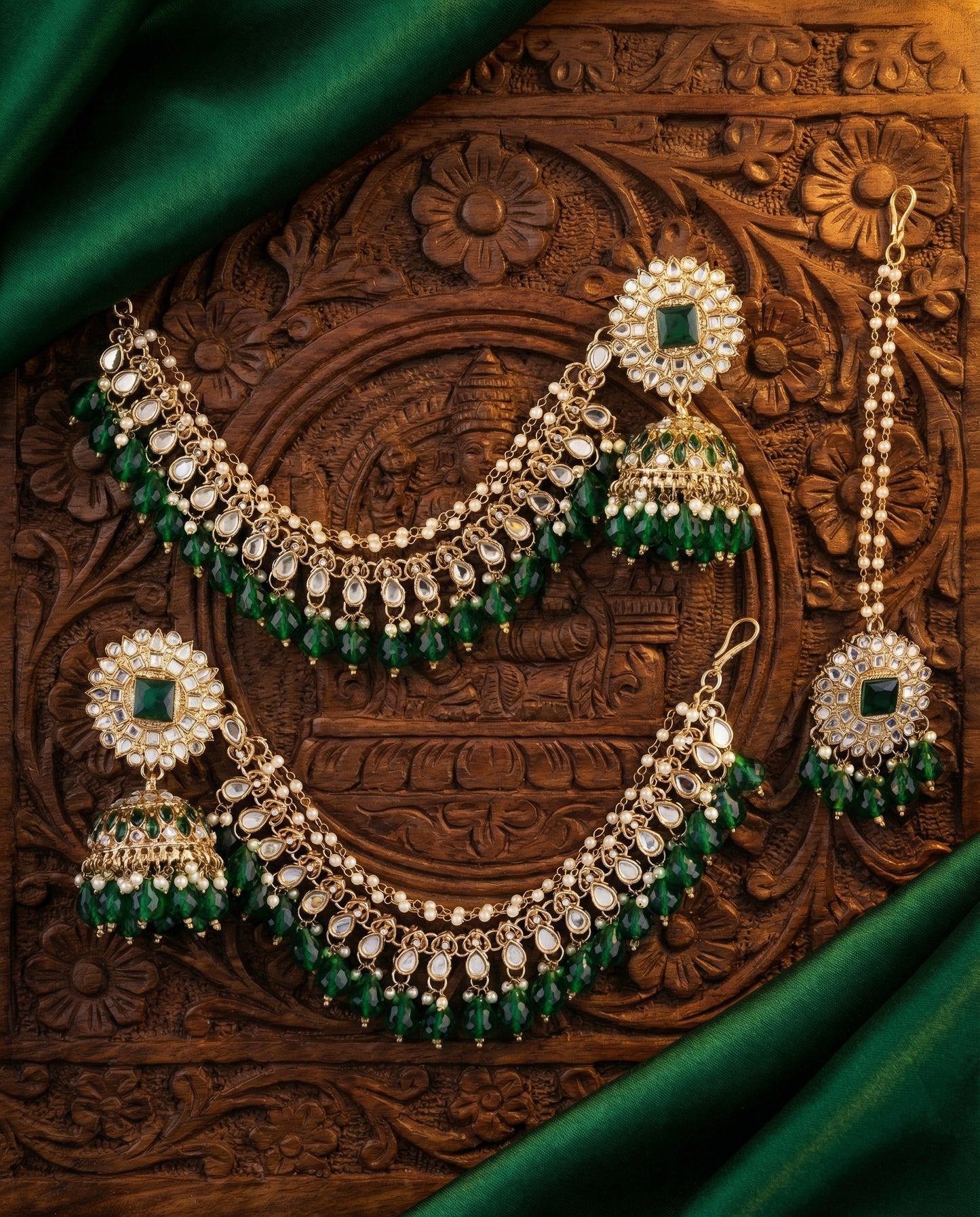 Green Avreet Mirror Bahubali Jhumka with Statement Kaan Chain and Teeka