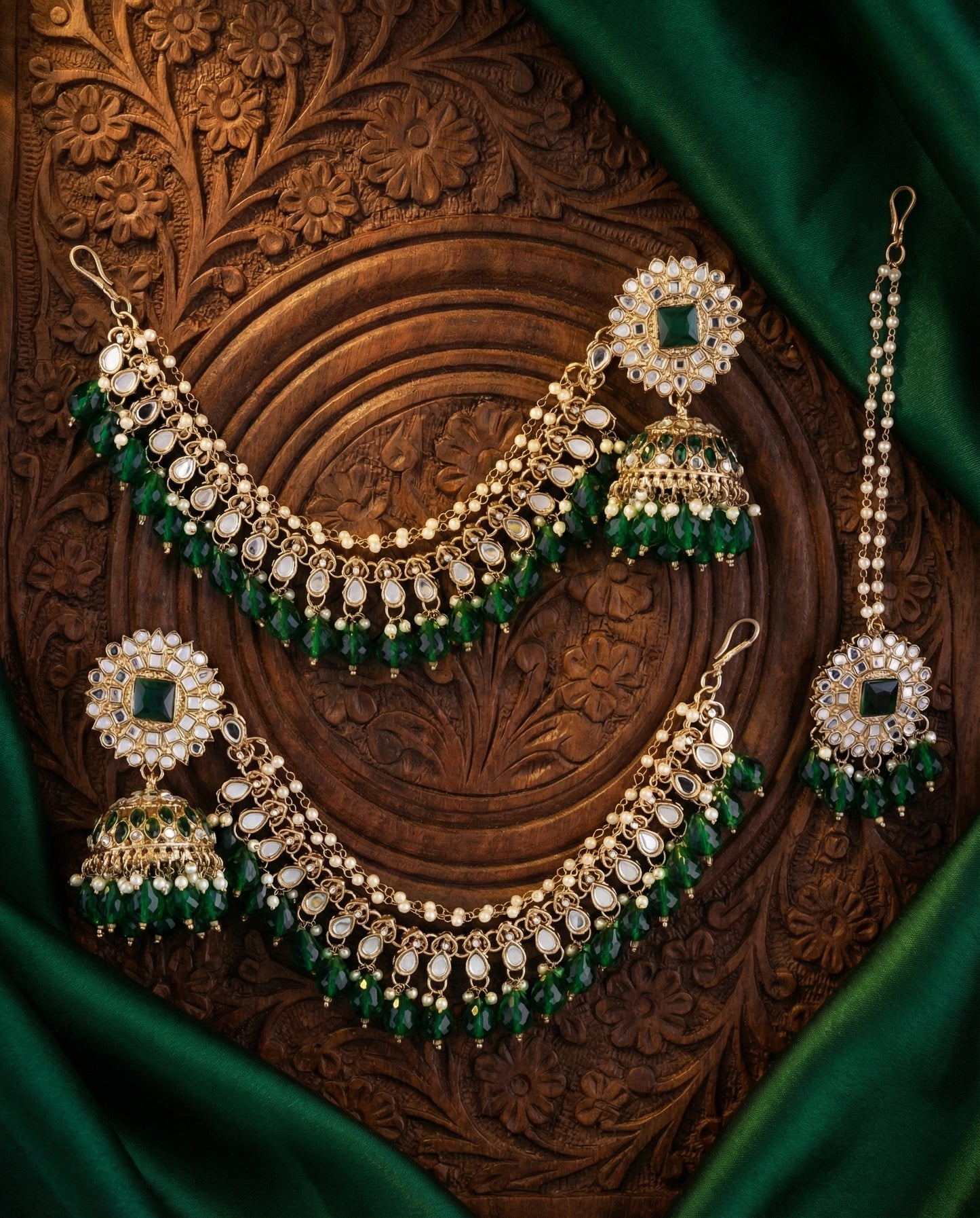 Green Avreet Mirror Bahubali Jhumka with Statement Kaan Chain and Teeka