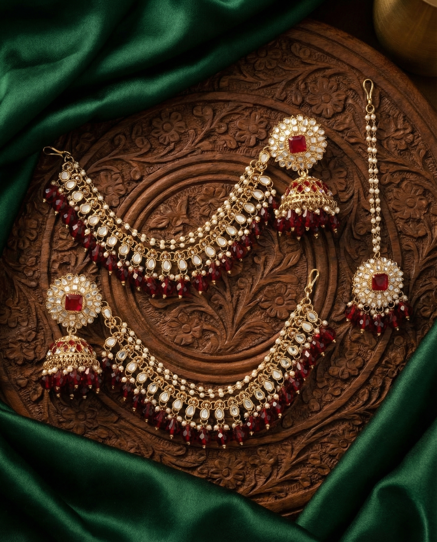 Maroon Avreet Mirror Bahubali Jhumka with Statement Kaan Chain and Teeka