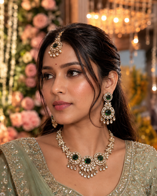 Emerald Subhashree Premium Zircone Polki Dupe Necklace Set