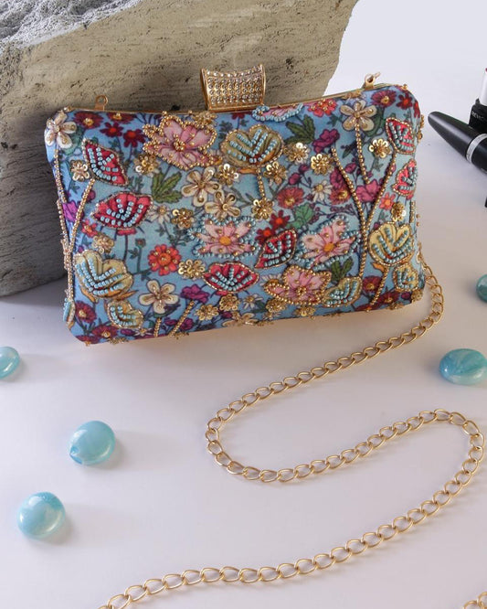 Fiore Floral Printed Clutch with Sling Chain