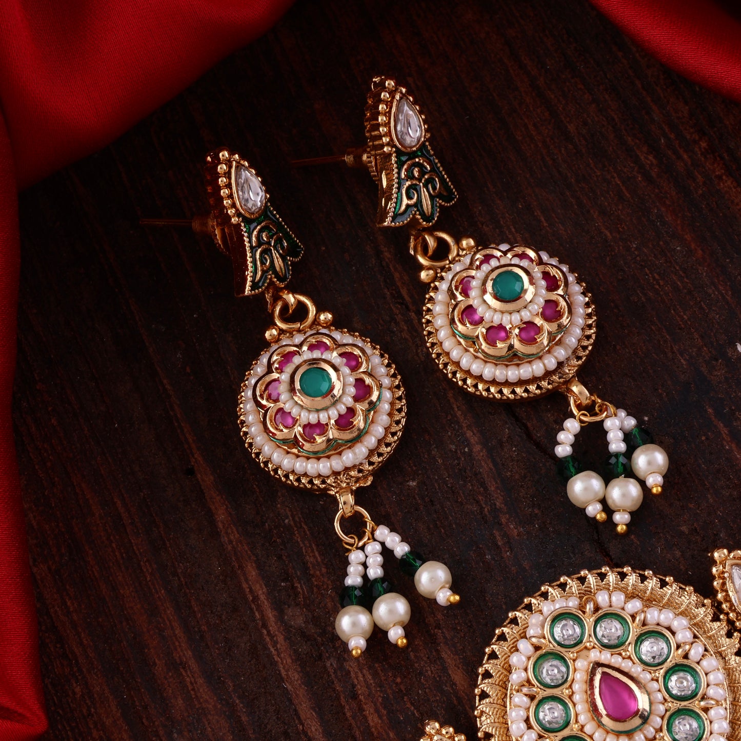 Green Pink Ahilya Rajwada Choker set with Earring