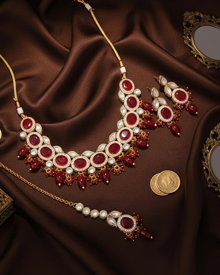 Red Vridha Premium Monalisa Necklace Set