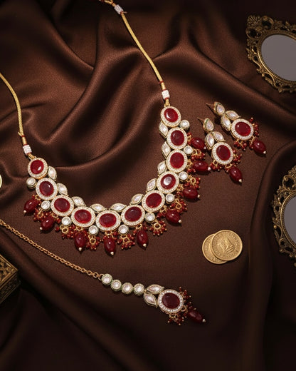 Red Vridha Premium Monalisa Necklace Set