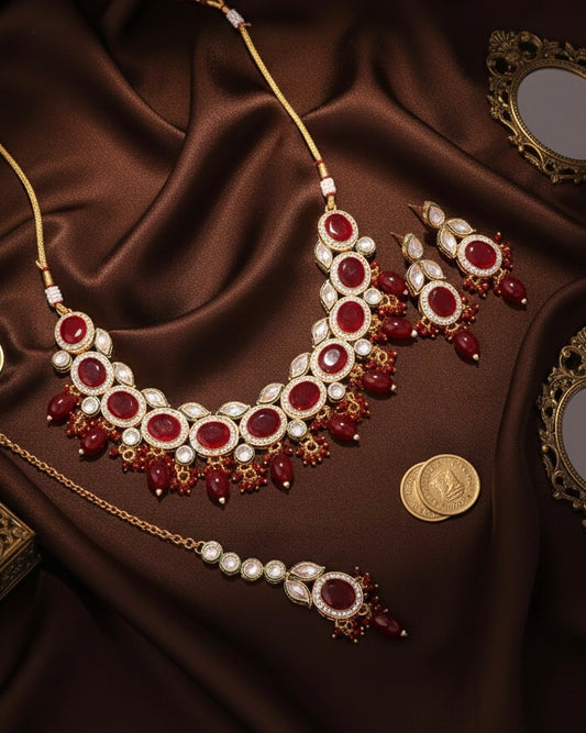 Red Vridha Premium Monalisa Necklace Set