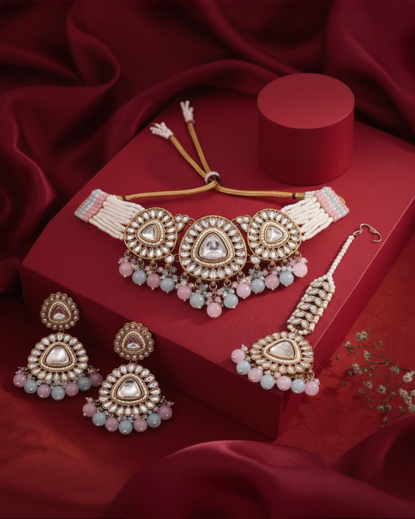 Pastel Ivanshi Premium Necklace with Earring and Teeka