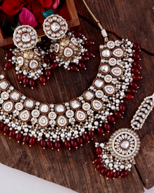 Maroon Lavitha Necklace Earring with Teeka