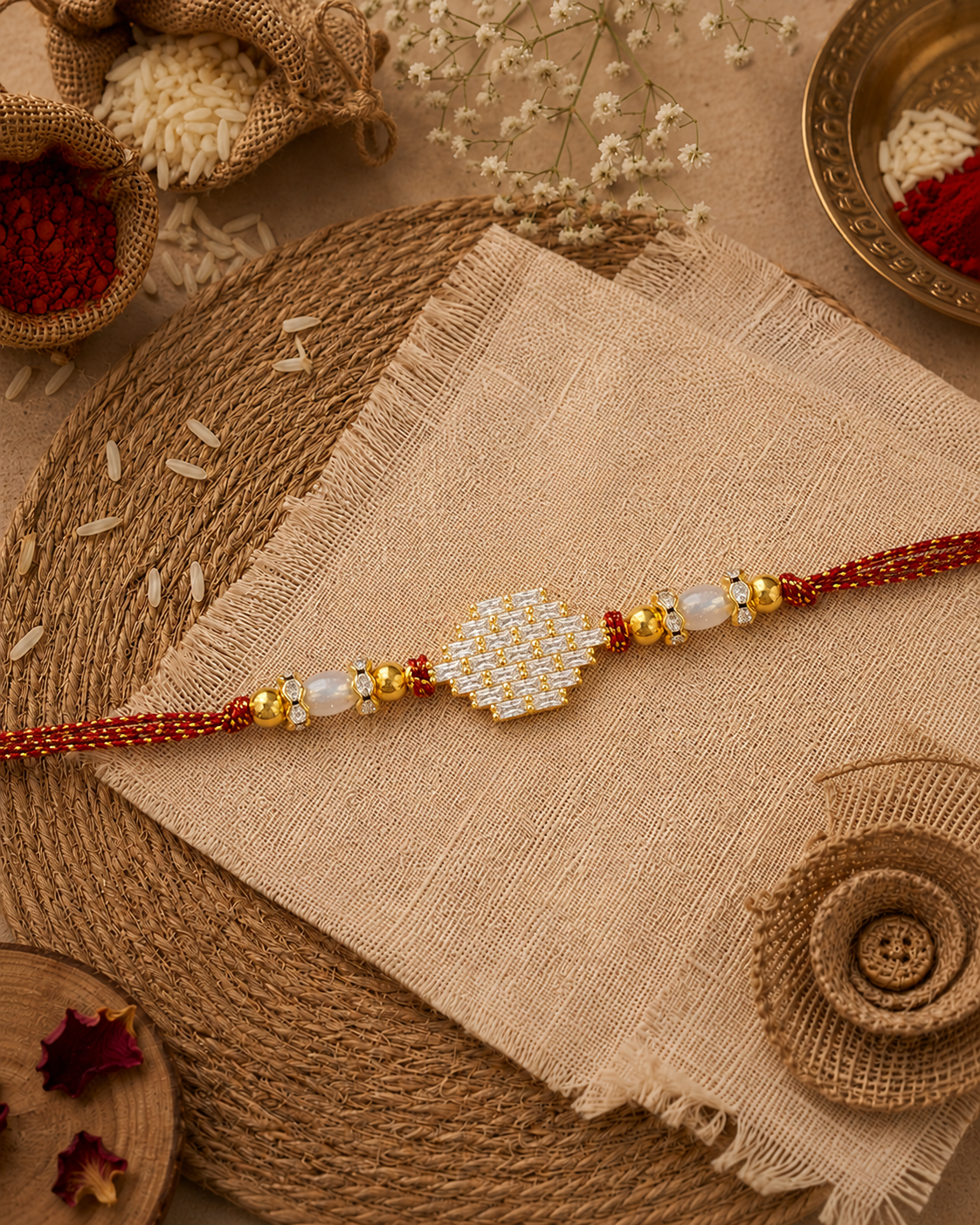 Red Ruwai Diamond Rakhi For Brother | Tilak Set Included