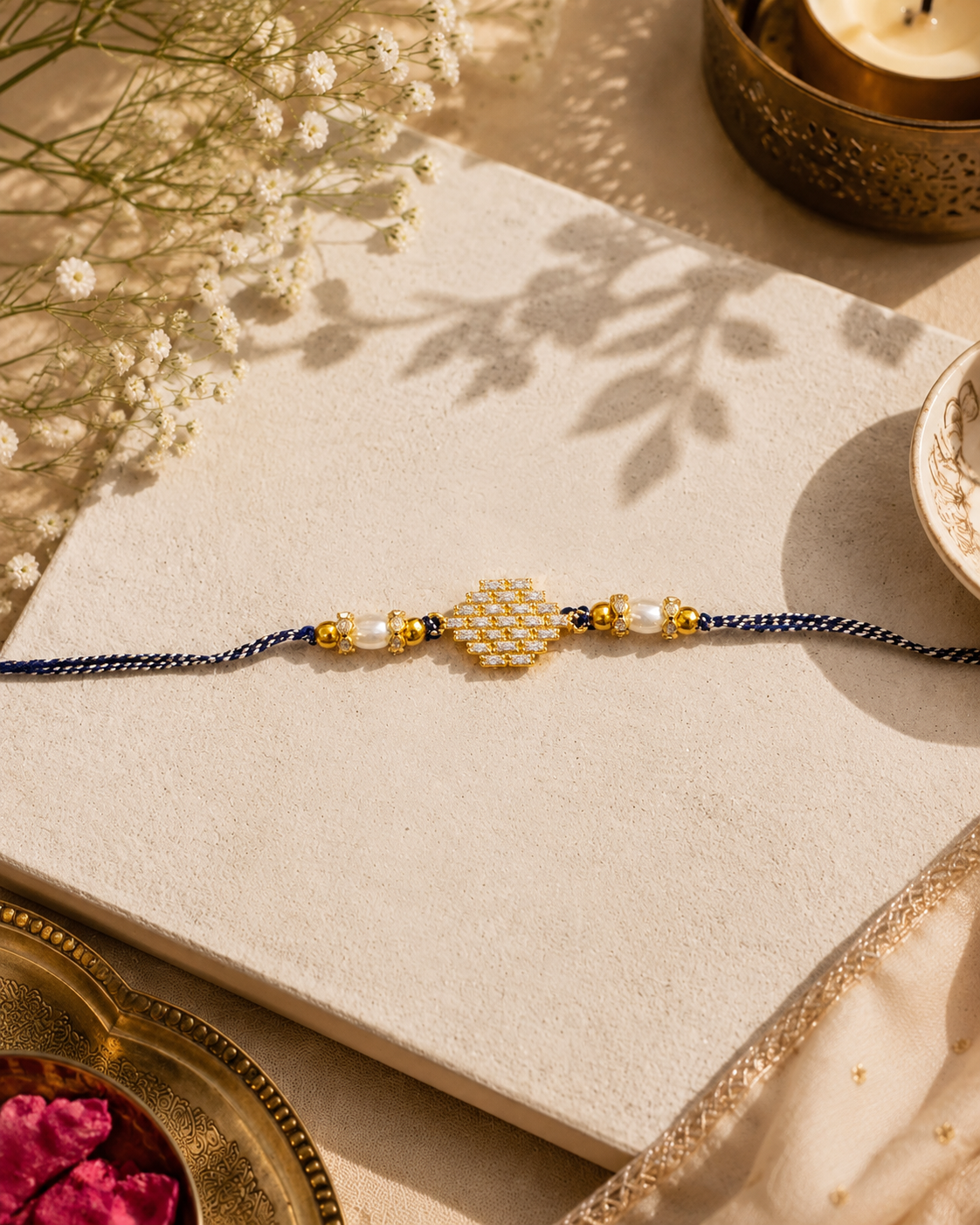Blue Ruwai Diamond Rakhi For Brother | Tilak Set Included