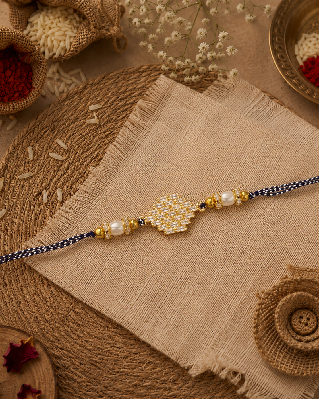 Blue Ruwai Diamond Rakhi For Brother | Tilak Set Included