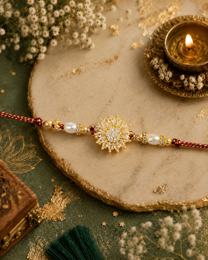 Thivya Spinning Charm Diamond Rakhi For Brother | Tilak Set Included