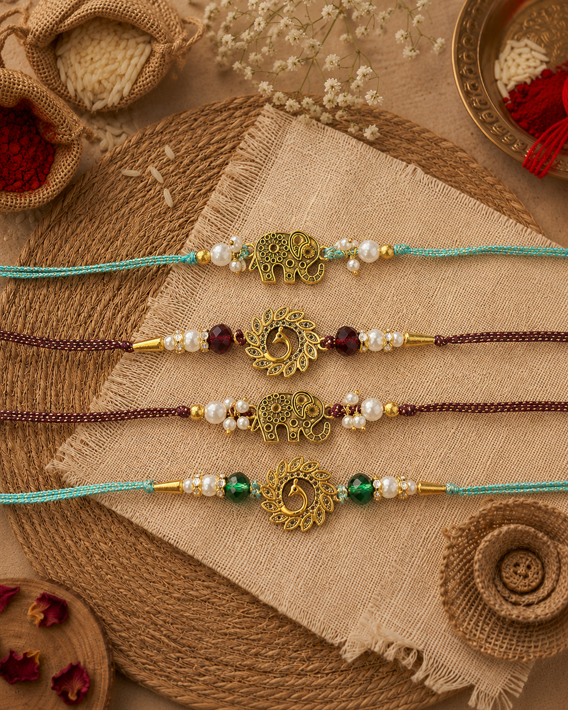 Pack of 4 Peacock - Gajvik Rakhi Set | Tilak Set Included
