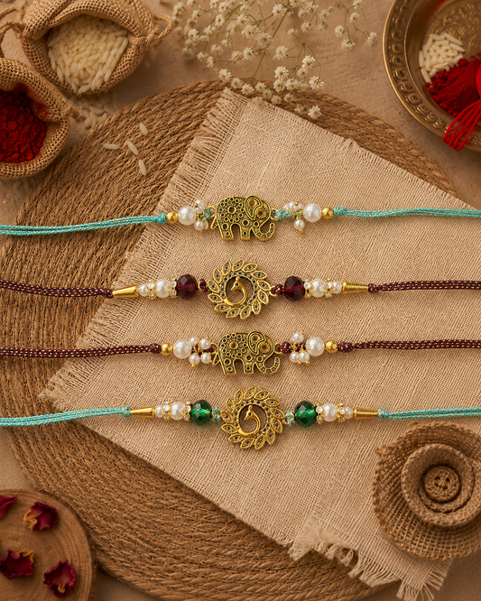 Pack of 4 Peacock - Gajvik Rakhi Set | Tilak Set Included