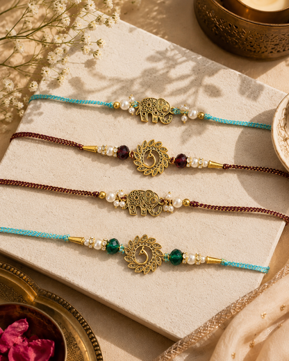 Pack of 4 Peacock - Gajvik Rakhi Set | Tilak Set Included