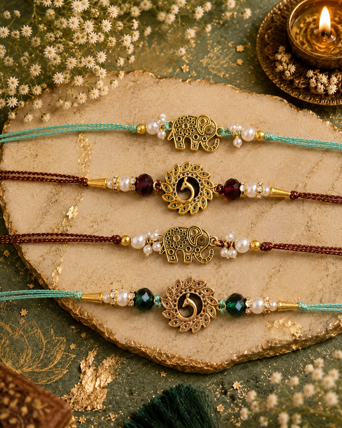 Pack of 4 Peacock - Gajvik Rakhi Set | Tilak Set Included