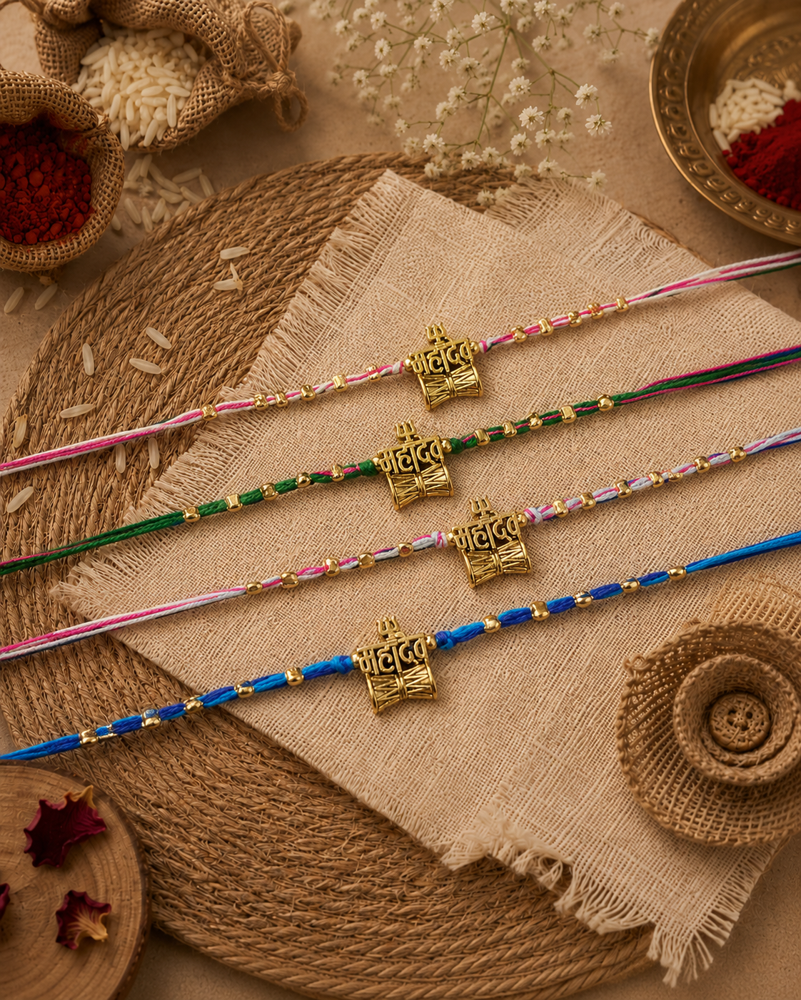 Pack of 4 Mahdevika Rakhi Set | Tilak Set Included