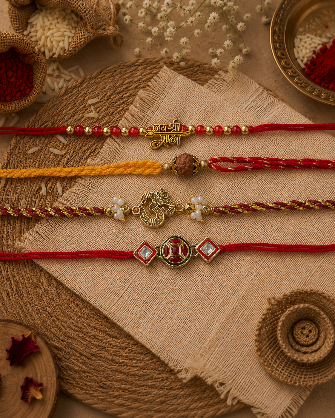 Pack of 4 Omdev Rudresh Arin JSR Rakhi Set | Tilak Set Included