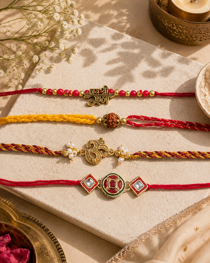 Pack of 4 Omdev Rudresh Arin JSR Rakhi Set | Tilak Set Included