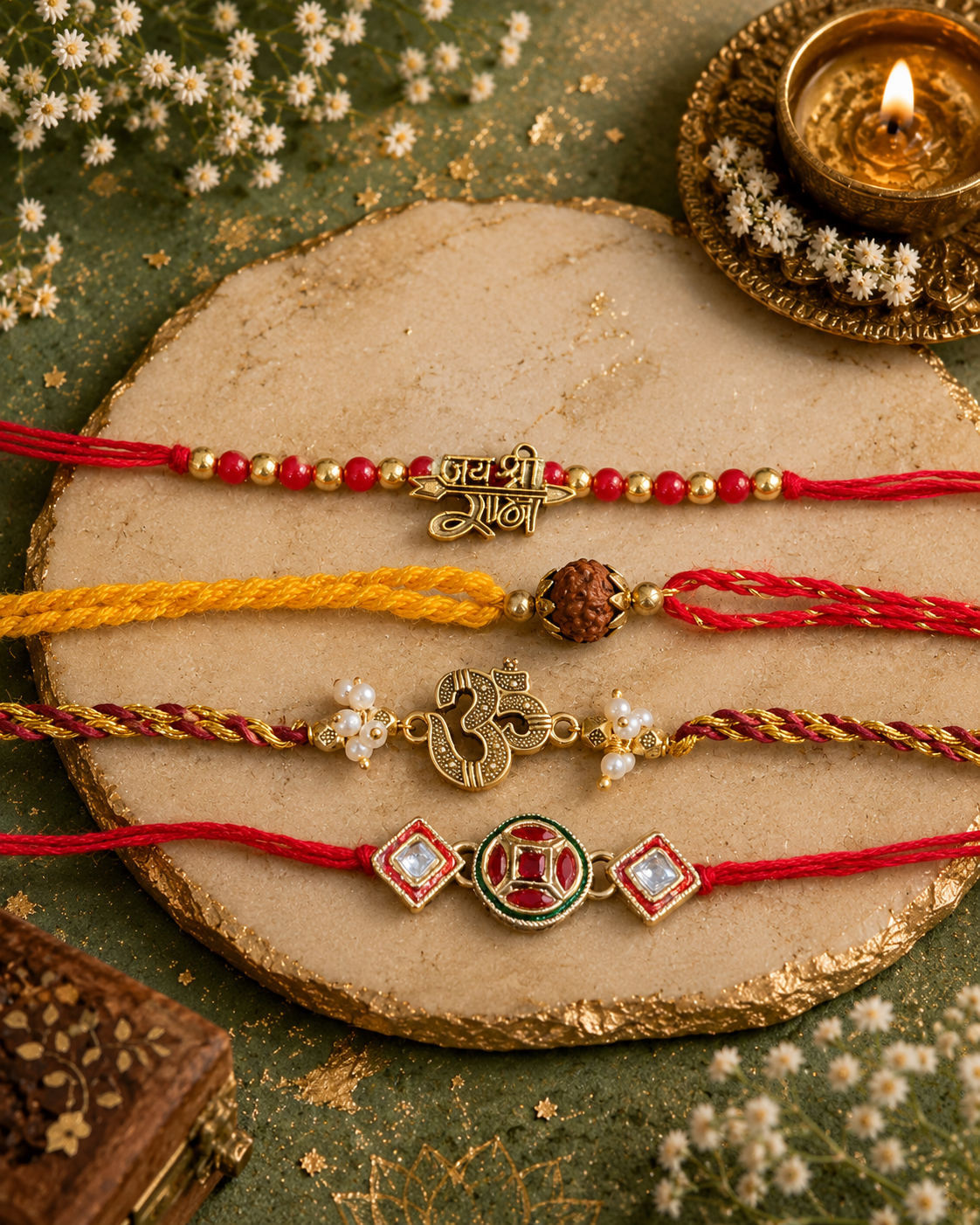 Pack of 4 Omdev Rudresh Arin JSR Rakhi Set | Tilak Set Included
