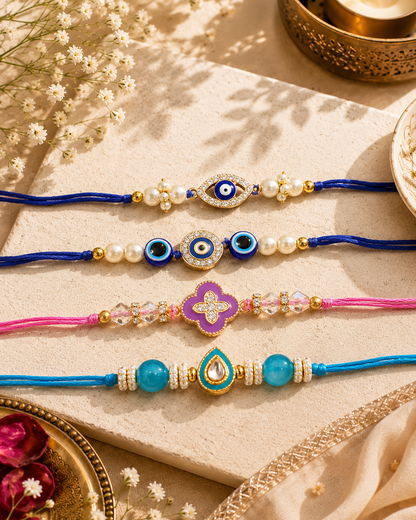 Pack of 4 Laksharv Indra Aayana Dhivi Rakhi Set | Tilak Set Included