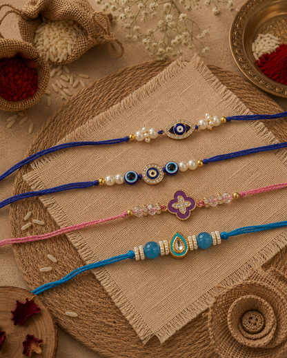 Pack of 4 Laksharv Indra Aayana Dhivi Rakhi Set | Tilak Set Included