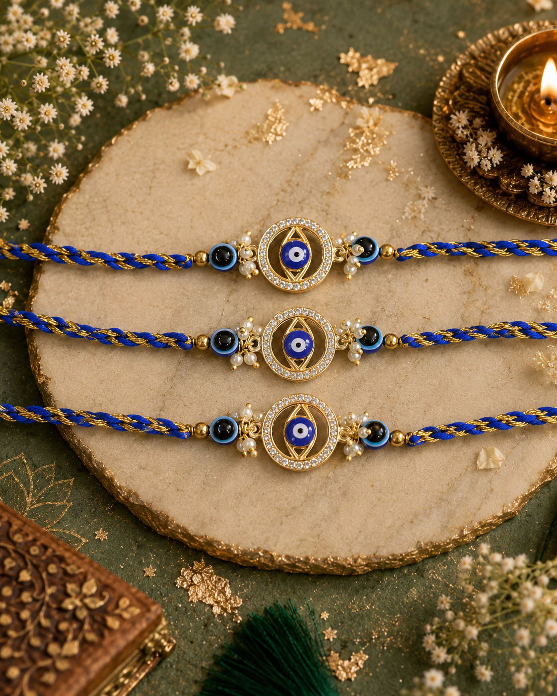Pack of 3 Aynoor Evil Eye Rakhi Set | Tilak Set Included