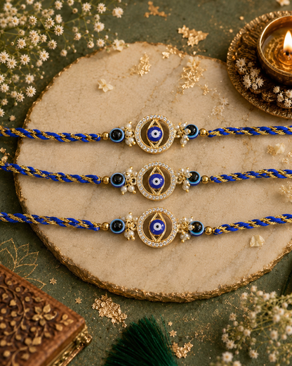 Pack of 3 Aynoor Evil Eye Rakhi Set | Tilak Set Included