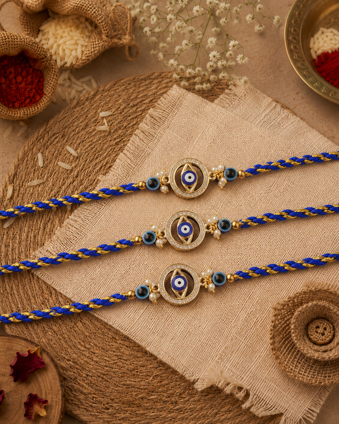Pack of 3 Aynoor Evil Eye Rakhi Set | Tilak Set Included