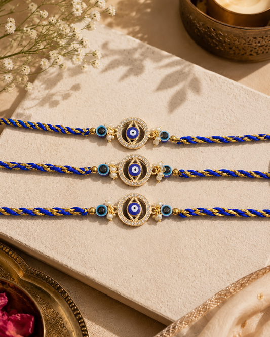 Pack of 3 Aynoor Evil Eye Rakhi Set | Tilak Set Included
