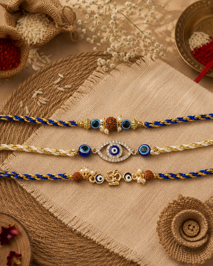 Pack of 3 Om Evil Eye - Prithvi - Navyansh Rakhi Set | Tilak Set Included